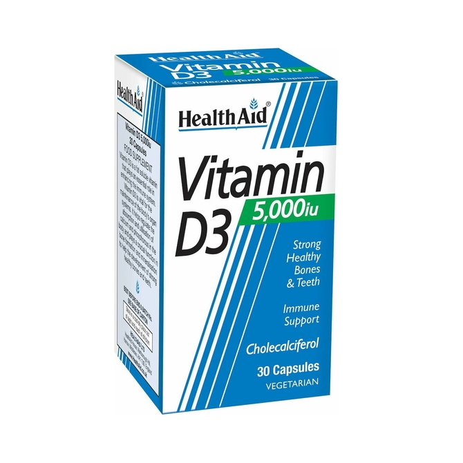 HEALTH AID Vitamin D3 5000iu Βιταμίνη D3 Για Υγιή Οστά & Ανάπτυξη του Οργανισμού 30 vecaps