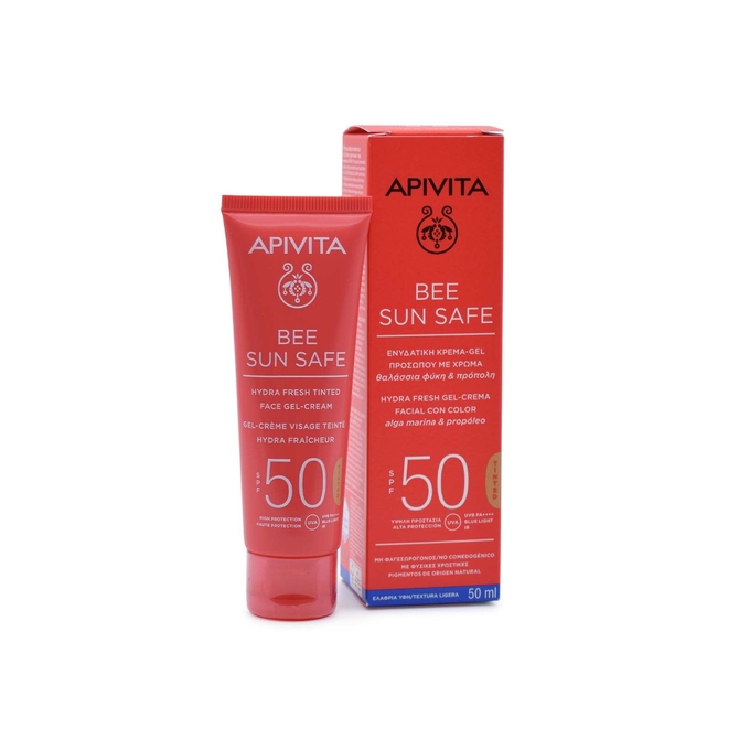 APIVITA Bee Sun Safe Hydra Fresh Tinted Face Gel Cream Αντηλιακή Κρέμα Με Χρώμα Με Θαλάσσια Φύκη & Πρόπολη 50ml