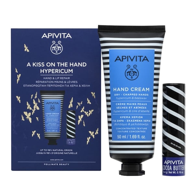 APIVITA A Kiss On The Hand Hypericum Set Κρέμα Χεριών για Ξηρά-Σκασμένα Χέρια 50ml & Lip Care Cocoa Butter SPF20 Ενυδατικό Χειλιών 4.4gr