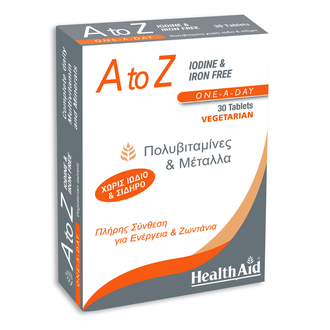 HEALTH AID A to Z Πολυβιταμίνες & Μέταλλα Χωρίς Ιώδιο & Σίδηρο 30 Ταμπλέτες