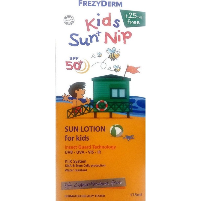 FREZYDERM Kids Sun + Nip SPF50+ Αντηλιακό Γαλάκτωμα Για Παιδιά Με Εντομοαπωθητική Δράση 175ml (150ml & 25ml free)