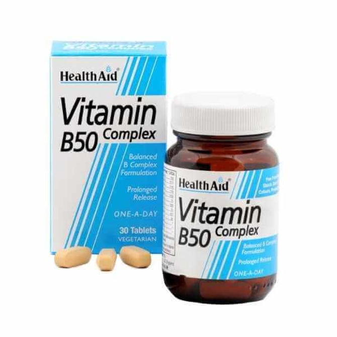HEALTH AID B 50 Complex Ενισχυμένος Συνδυασμός Βιταμινών B Για την Καλή Υγεία Νευρικού και Πεπτικού Συστήματος 30 ταμπλέτες