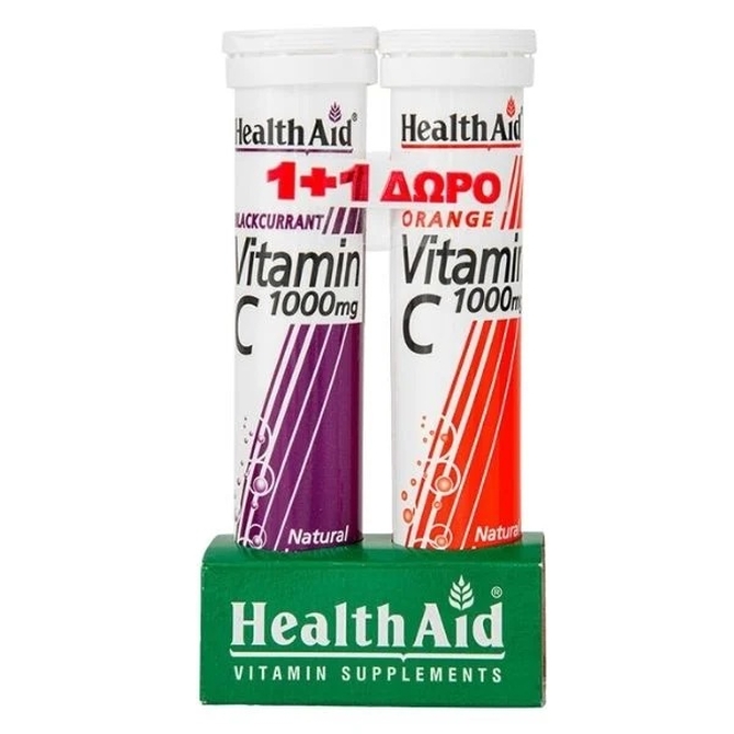 HEALTH AID Vitamin C 1000mg Με Γεύση Φραγκοστάφυλλο (Blackcurrant) 20 αναβράζοντα δισκία & ΔΩΡΟ Vitamin C 1000mg Πορτοκάλι (Orange) 20 αναβράζοντα δισκία