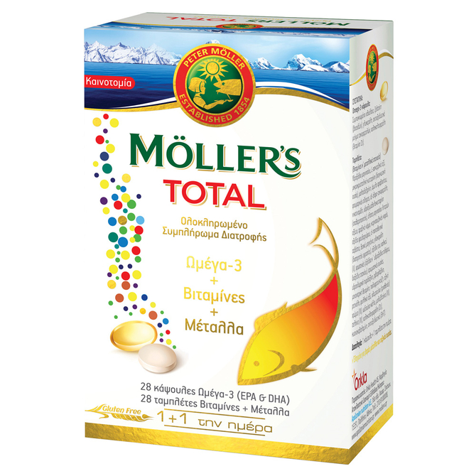 NATURE'S PLUS Moller's Total Ολοκληρωμένο Συμπλήρωμα Διατροφής Με Ωμέγα 3, Βιταμίνες, Μέταλλα 28 κάψουλες + 28 ταμπλέτες