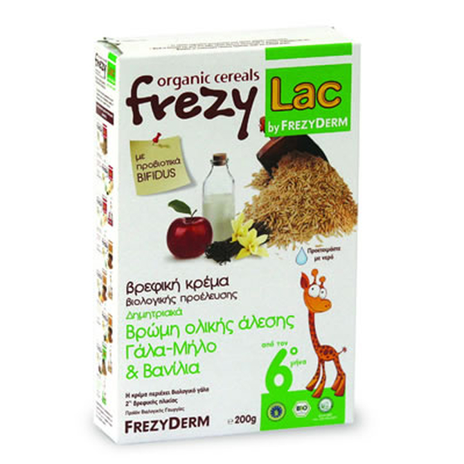 FREZYDERM Frezylac Βρώμη Ολικής Άλεσης Βιολογική Κρέμα Με Γάλα - Μήλο Βανίλια 200gr
