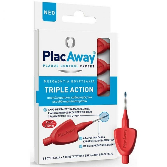 PLAC AWAY Triple Action Μεσοδόντια Βουρτσάκια 0.5mm σε χρώμα Κόκκινο 6τμχ
