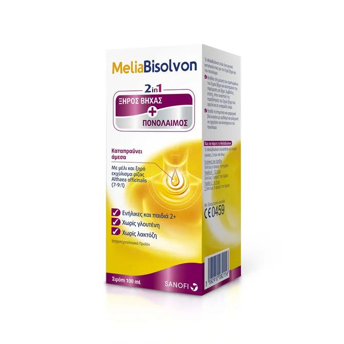 SANOFI MeliaBisolvon Φυσικό Σιρόπι για το Ξηρό Βήχα και τον Πονόλαιμο 100mL