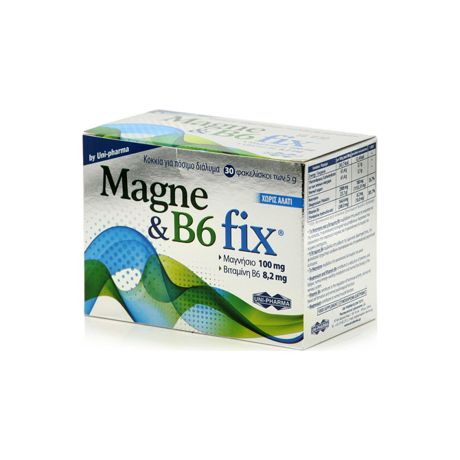 UNI-PHARMA Magne & B6 fix Πόσιμο Διάλυμα Συμπληρώματος Διατροφής με 100mg Μαγνήσιο & 8,2mg Βιταμίνη Β6 30 Φακελίσκοι