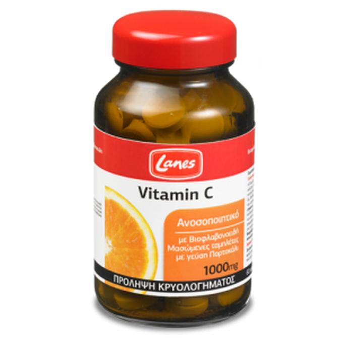 LANES Vitamin C 1000mg Με Βιοφλαβονοειδή: Για Αντιμετώπιση του Κρυολογήματος - Με Γεύση Πορτοκάλι 60 μασώμενες ταμπλέτες